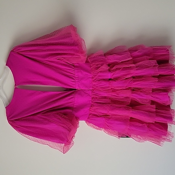 Lulus Women's Dramatic Poise Hot Pink Dot Tulle Puff Sleeve Tiered Mini … - Picture 8 of 15